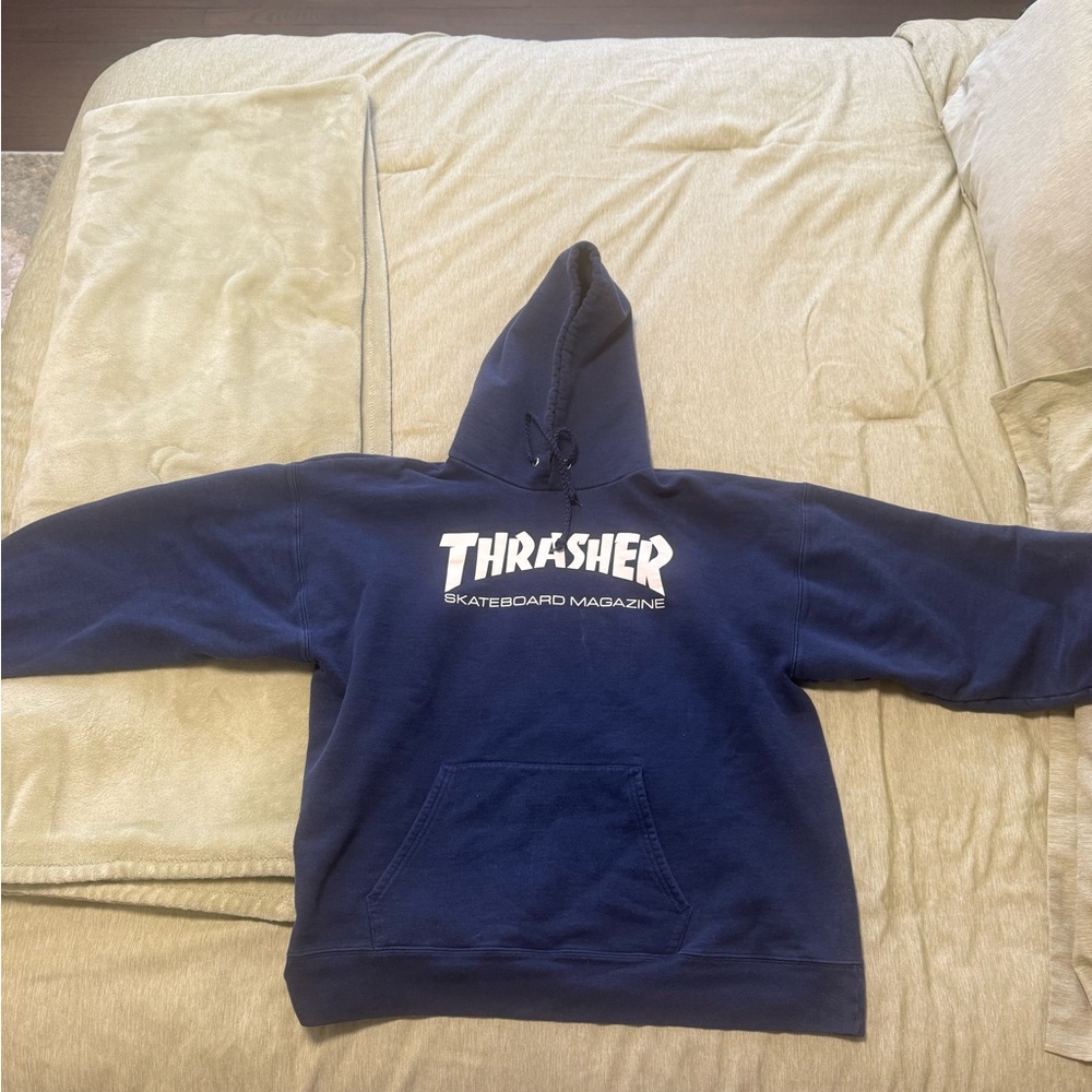 Thrasher Navy Pullover Hoodie with White Logo - Men's Sweatshirt